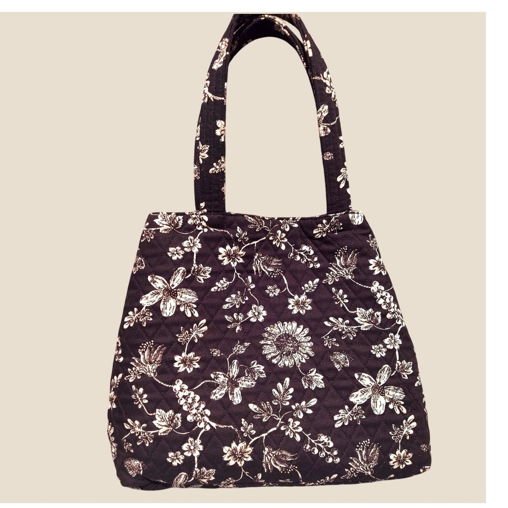 Quilted Keepers Floral Tote Bag Gingham Lining Black Cream Cotton Handbag